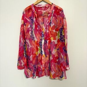 Soft Surroundings Floral Pink Multicolor V-Neck Sheer Blouse Size 1X